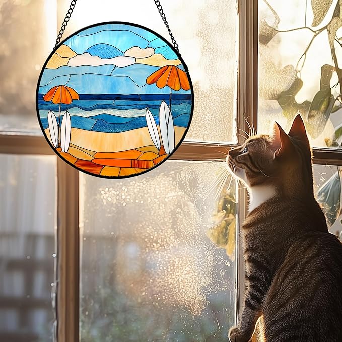 AMDERVEN Stained Glass Window Hanging 4 Pcs Set Blue Ocean Surfing Beach 6.3" - Image 4