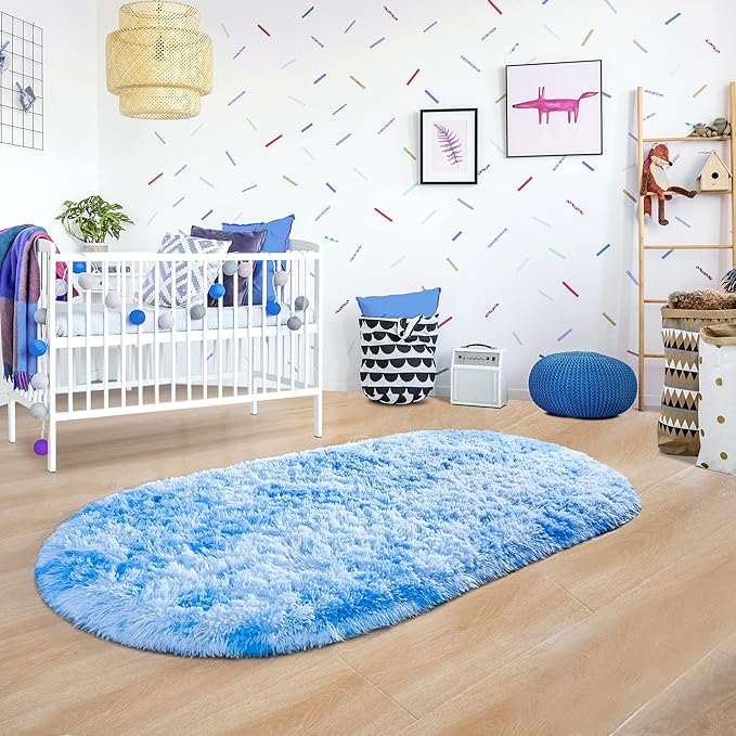 Noahas Oval Fluffy Blue Rainbow Rug 2.6X5.3 Small Kids Rugs - Image 6