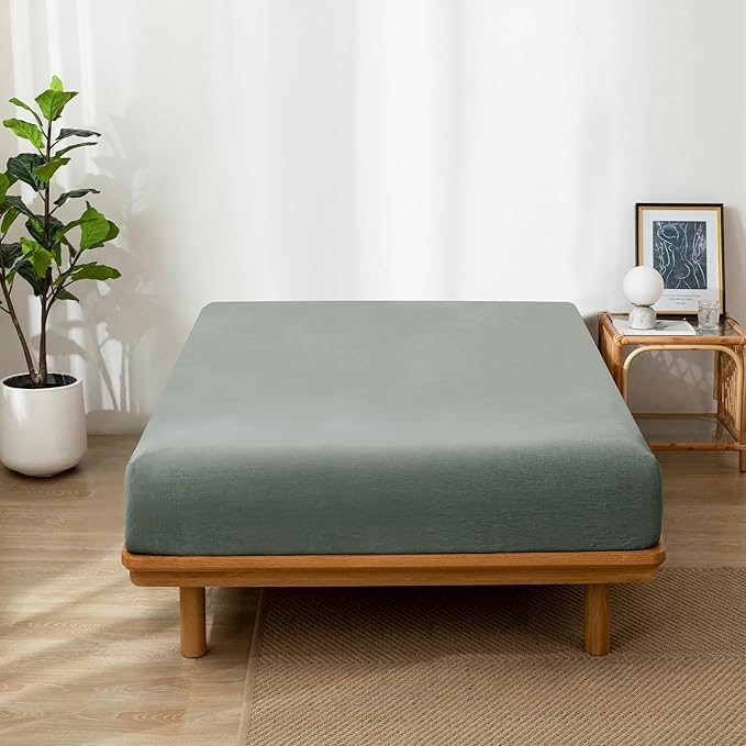 MooMee Fitted Bottom Sheet Only 100% Washed Cotton Linen Like Textured - Image 2