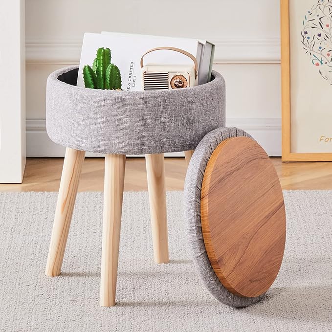 Mxfurhawa Storage Ottoman Linen Round Vanity Stool Tray Top Modern Foot Stool - Image 8