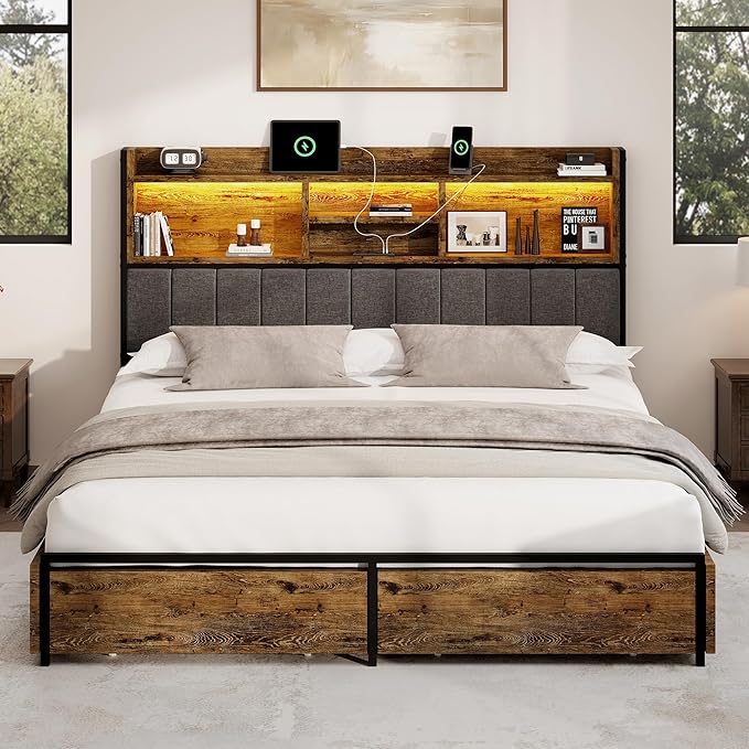King Bed Frame with 6 Storage Drawers, Linen Upholstered Headboard, Built-in - Image 9