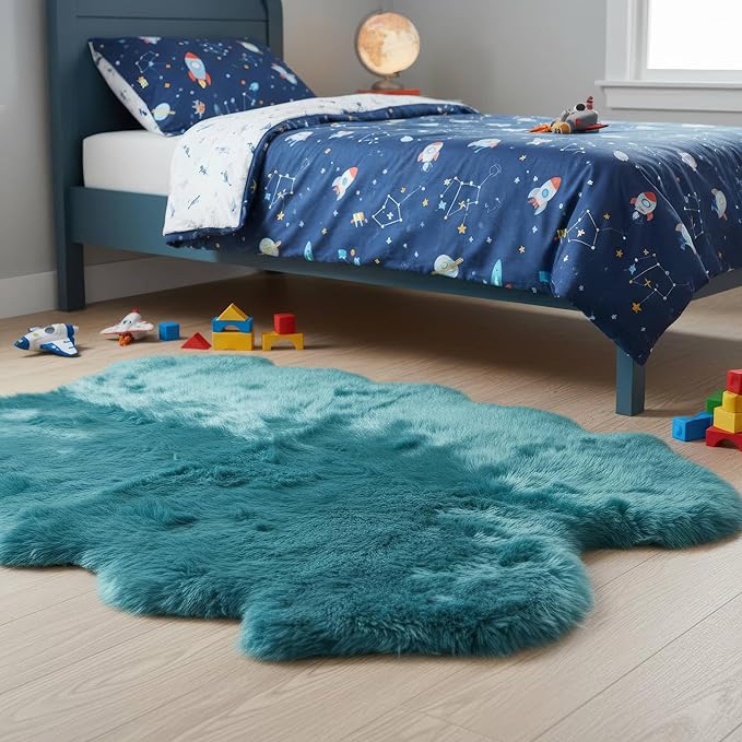 Beach Blue Genuine Sheepskin Rug 4x6 ft, Real Fluffy Quad Pelt Fur Area Rug - Image 4