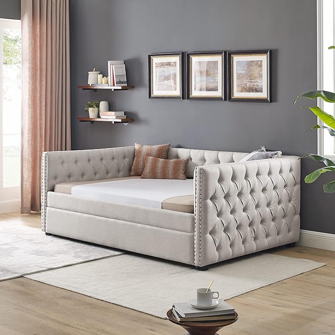 Antetek Daybed with Trundle, Modern Upholstered Full Size Button-Tufted Sofa - Image 3