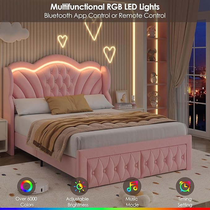 Keyluv Full Bed Frame with LED Lights and 2 Storage Drawers, Velvet Upholstered - Image 4