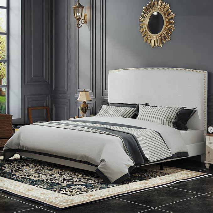 King Size Bed Frame and Headboard, Soft Boucle Fabric, No Box Spring Needed - Image 3