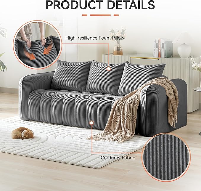 Corduroy Boneless Living Room Sets, Modern Upholstered 3 Seater Sofa - Image 3