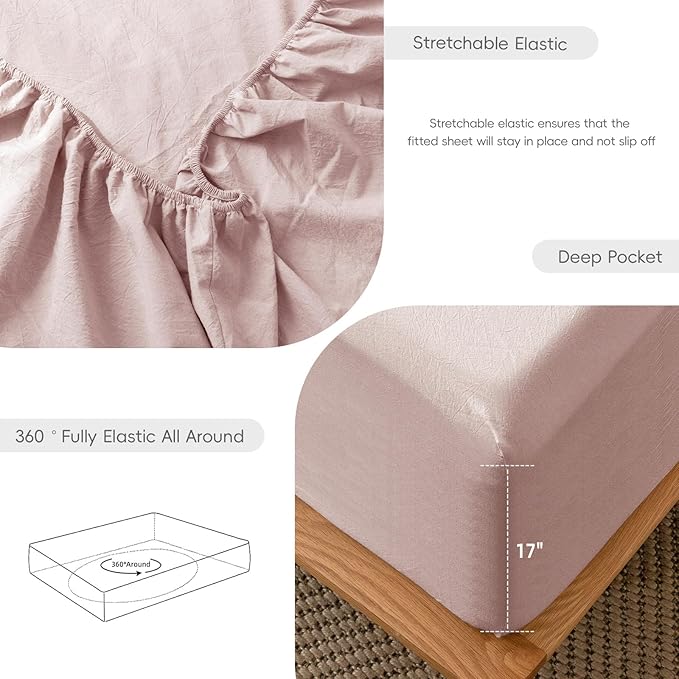 MooMee Fitted Bottom Sheet Only 100% Washed Cotton Linen Like Textured - Image 5