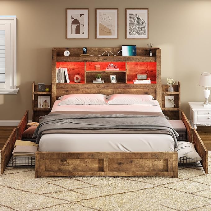 AMERLIFE Full Bed Frame with 4 Storage Drawer, LED Bed Frame with 49.6" Tall - Image 7