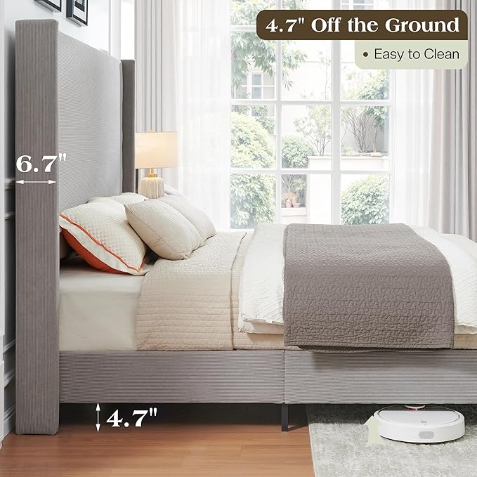King Bed Frame with 65" Tall Headboard, Horizontal Fine Corduroy Bed Frame with - Image 5