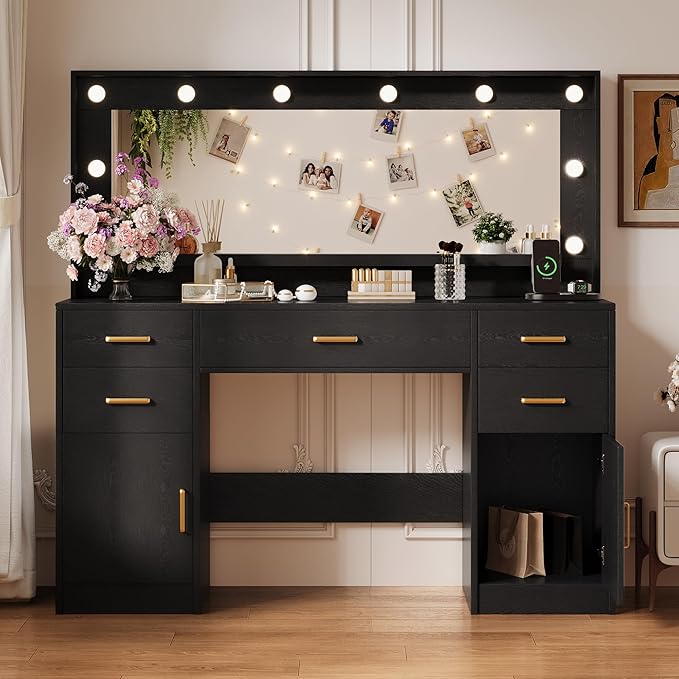 44.8" Large Vanity Desk with Lighted Mirror & Power Outlet, Dressing Table by TOKSOM
