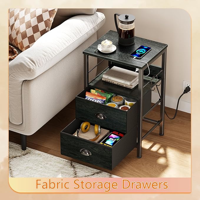 Furologee Nightstand with Charging Station, Side Table with USB Ports, End - Image 4