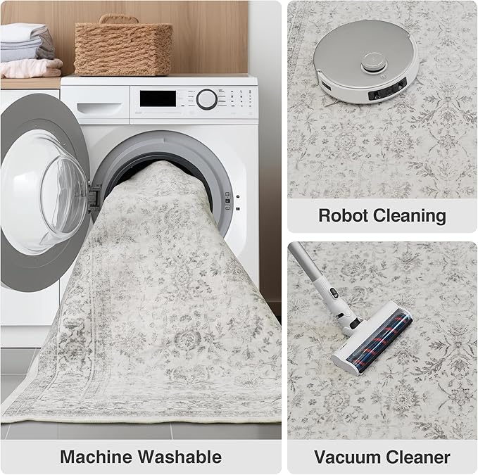 FMFUNCTEX 5x7 Washable Area Rug Grey Neutral Vintage Non Slip Low Pile - Image 5