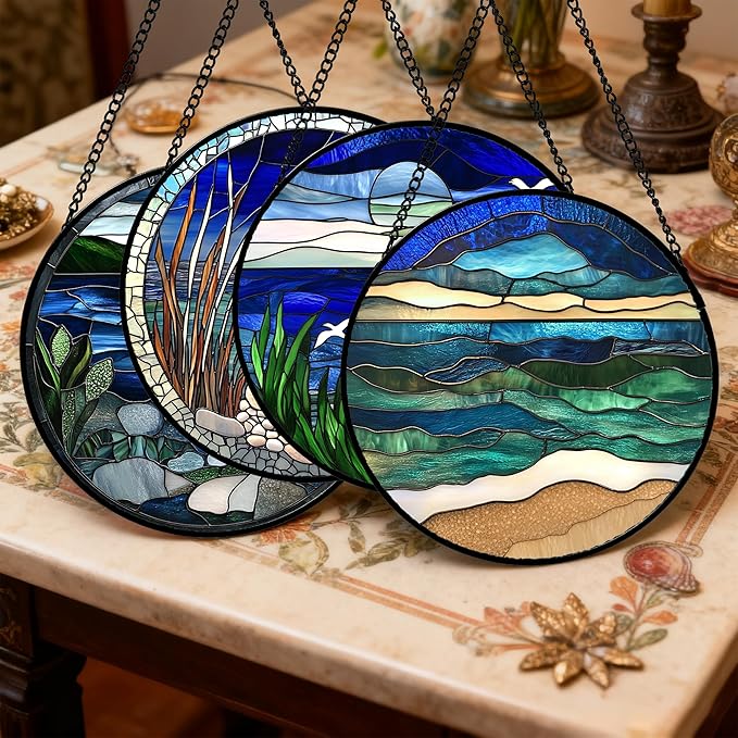 AMDERVEN Stained Glass Window Hanging 4 Pcs Set Navy Blue Ocean Landscape 6.3" - Image 2