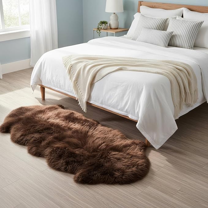 Natural & Genuine Dark Brown Sheepskin Rug, Real Fluffy Double Pelt 2x6 ft Fur - Image 3