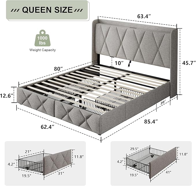 Feonase Queen Bed Frame with 4 Storage Drawers, Upholstered Button Tufted - Image 2