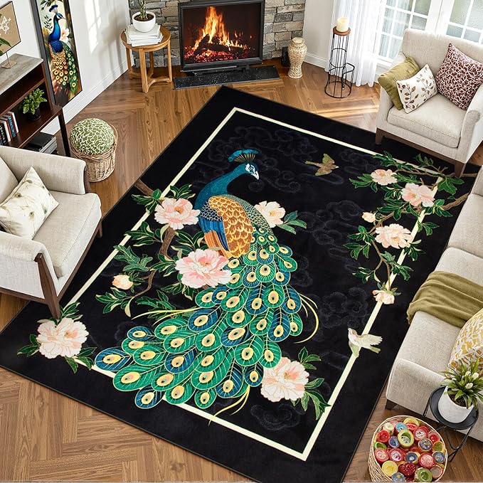 Lahome Peacock Washable Rugs 5x7, Soft Black Rug - Image 4