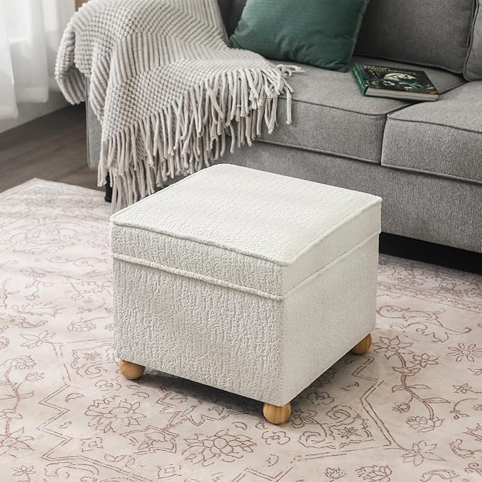 Adeco 17 Inch High Faux Fur White Cube Ottoman Storage, 3D Embossed Velvet by Adeco