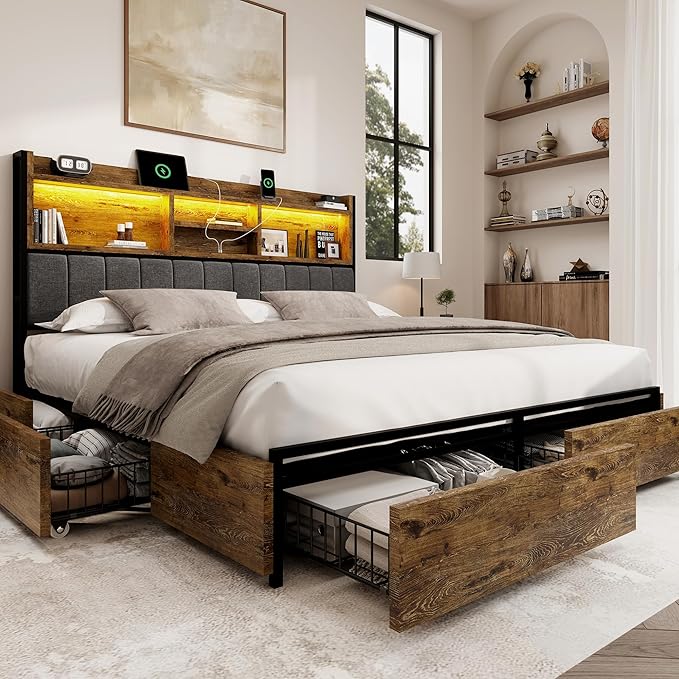 King Bed Frame with 6 Storage Drawers, Linen Upholstered Headboard, Built-in by Breltam