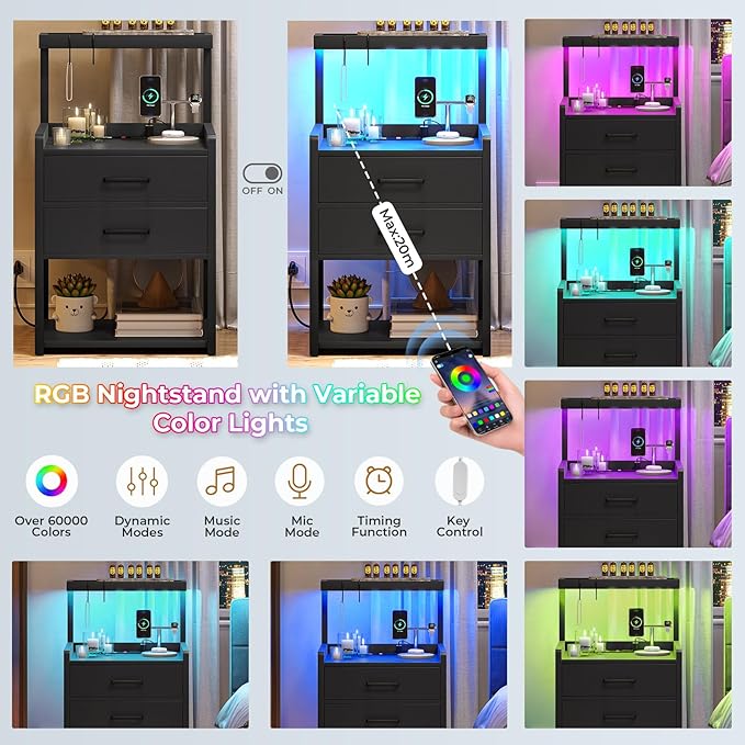 VIAGDO Nightstand with Charging Station and LED Lights, Modern End Side Tables - Image 4