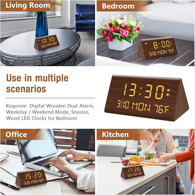 Kogonee Wooden Digital Alarm Clock, 0-100% Dimmer, 2 Alarm Settings, - Image 8