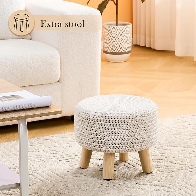 LGENHOOM Boho Ottoman Foot Stool Cotton Knitted Round Pouf Ottoman Foot Rest - Image 2