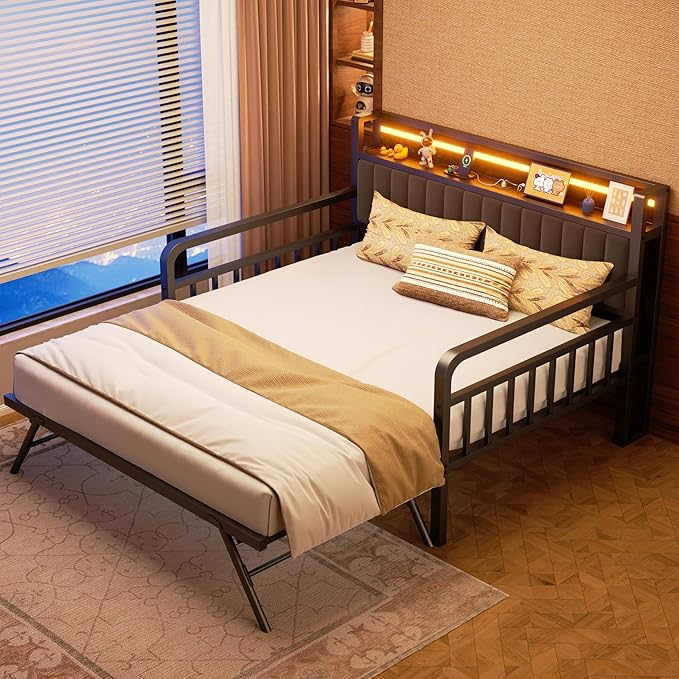 Daybed with Trundle and LED Light, Heavy Duty Metal Full Bed Frame with - Image 3