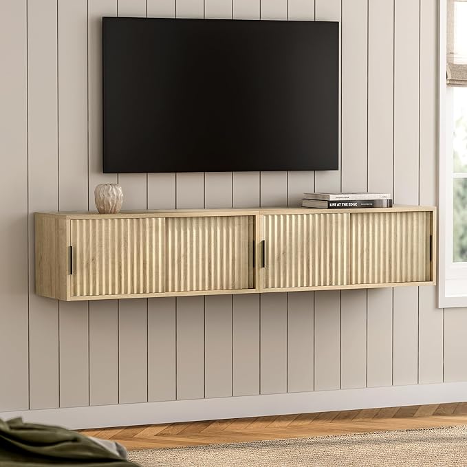 Large Wall Nightstand with Sliding Doors, Modern Fluted Night Stand Storage - Image 3