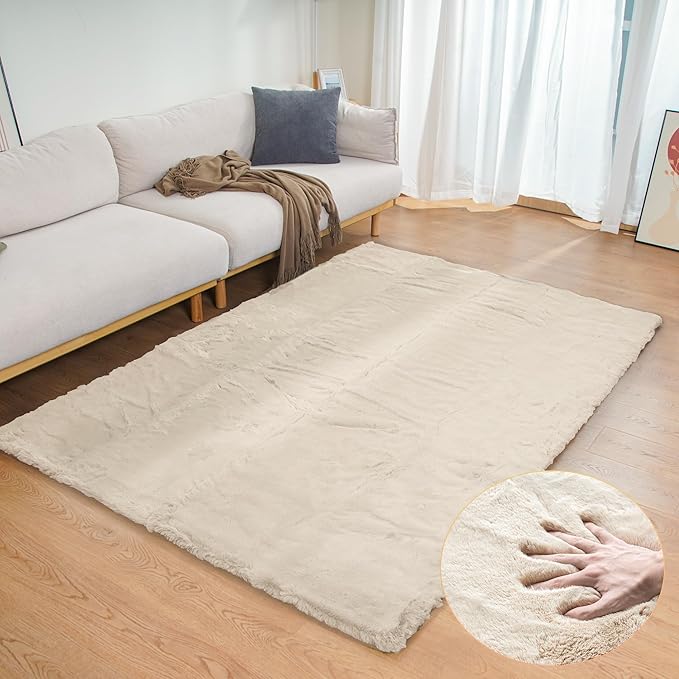 Beige Plush Faux Washable Rabbit Fur Area Rugs by ORINOVA