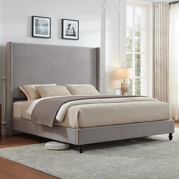 Queen Bed Frame with 63" Tall Headboard, Horizontal Fine Corduroy Bed Frame - Image 8