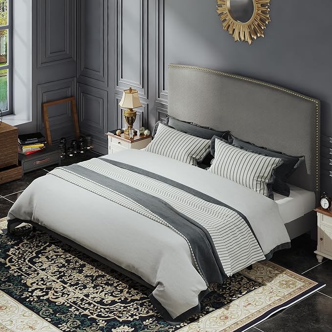 King Size Bed Frame and Headboard, Soft Boucle Fabric, No Box Spring Needed - Image 3