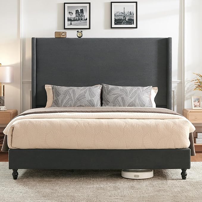 Queen Bed Frame with 63" Tall Headboard, Horizontal Fine Corduroy Bed Frame by LUXOAKAddMoreStyletoHome