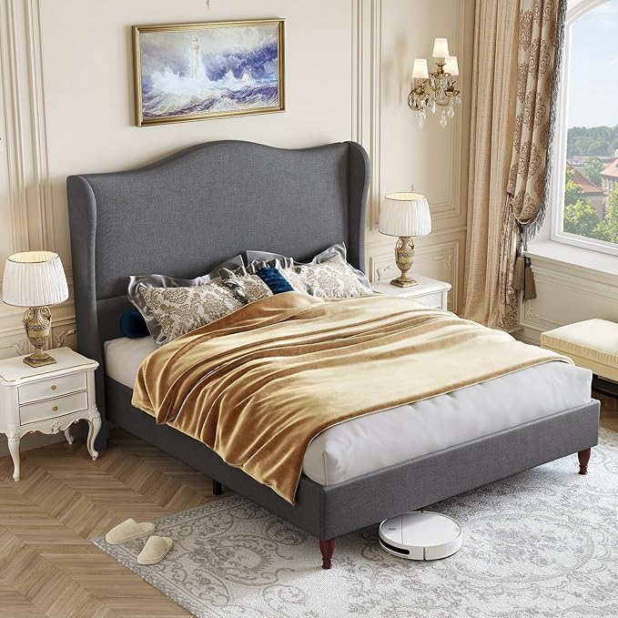 koorlian Queen Upholstered Bed, Soft Chenille Sleigh Platform Bed Frame - Image 9