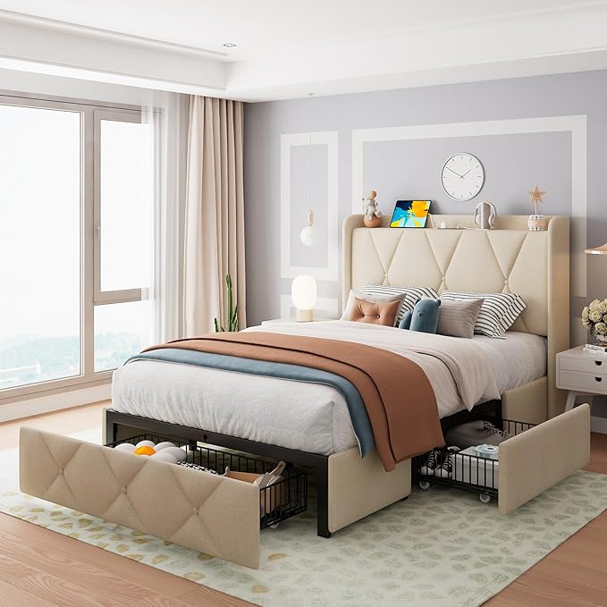 Feonase Twin Bed Frame with 3 Storage Drawers, Upholstered Platform Bed with - Image 8