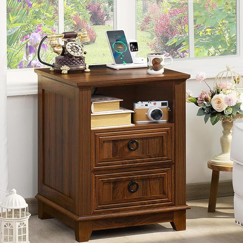 18" Farmhouse Night Stand with Charging Station, 2 Drawers End Table Dresser by Joaxswe