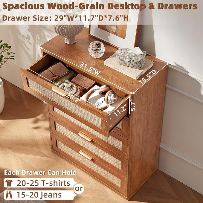 LEYAOYAO Dresser for Bedroom, Modern 5 Drawers Boho Rattan Dressers - Image 5