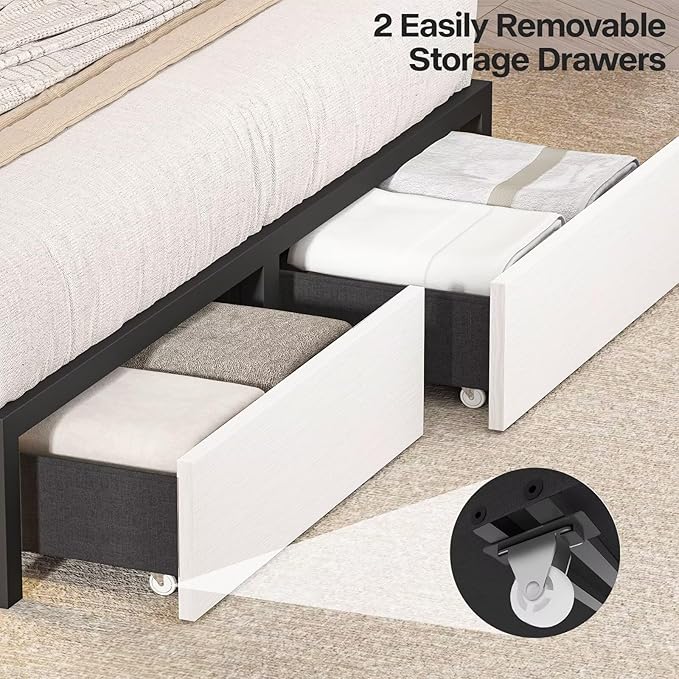 Queen Bed Frame with Bookcase Headboard and Storage Drawers, 51.2" Metal - Image 7