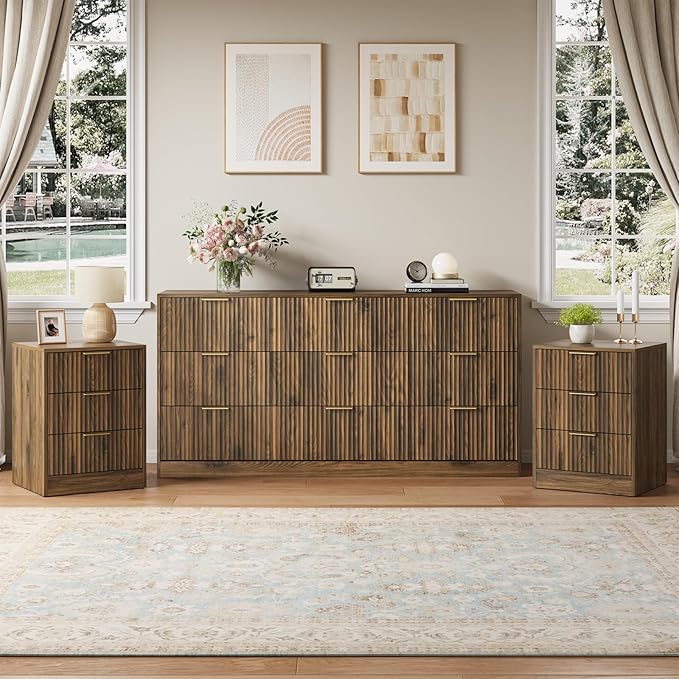 Walnut Dresser & 3 Drawer Nightstand Set 3-Piece, 63” Long 9 Drawer Dresser and by NOVAMAISON