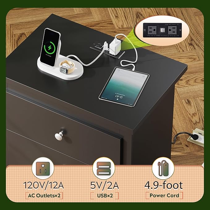 WLIVE Tall Nightstand with Charging Station, Wood Night Stand with 3 Drawers - Image 4