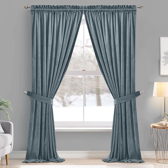 StangH Stone Blue Curtains for Living Room Sliding Door, Elegant Velvet Thermal - Image 2