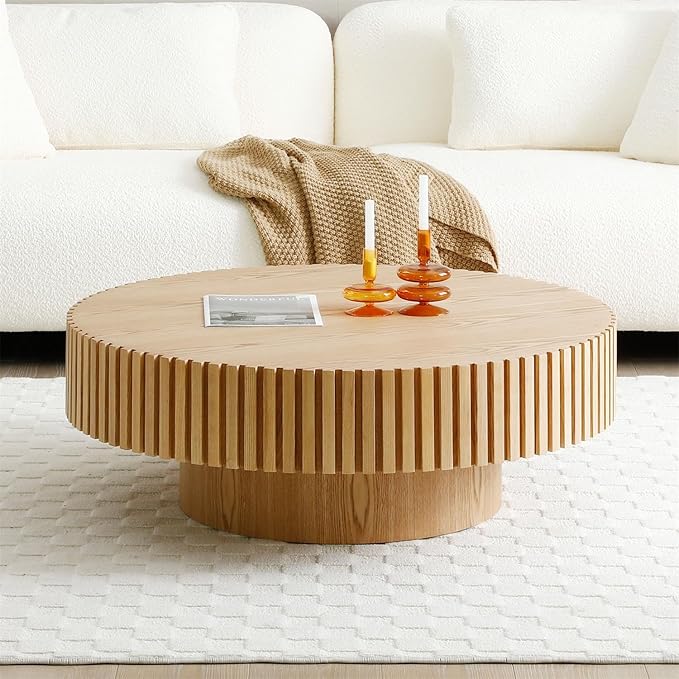 LKTART Round Coffee Table for Living Room, Accent Fluted Drum Coffee Table by LKTART
