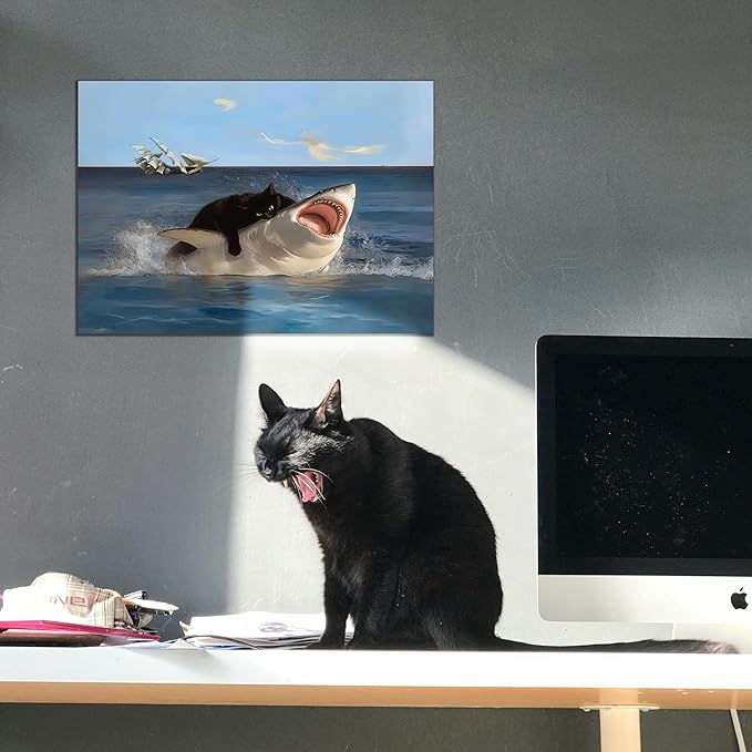 BFKDKG Framed Black Cat Wall Art, Abstract Black Cat Shark Poster, Funny quirky - Image 2
