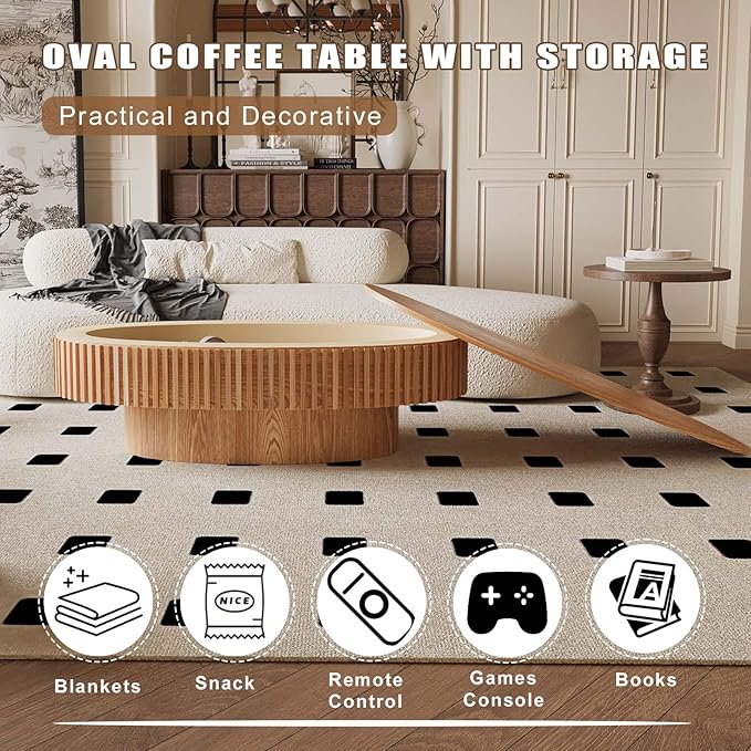 Oval Coffee Table with Storage, Modern Wooden Coffee Table with Solid Wood - Image 5