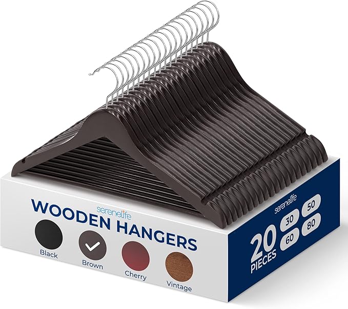 SereneLife 20 Brown Wooden Hangers Non-Slip Heavy Duty Suit and Coat Hanger Set by SereneLife