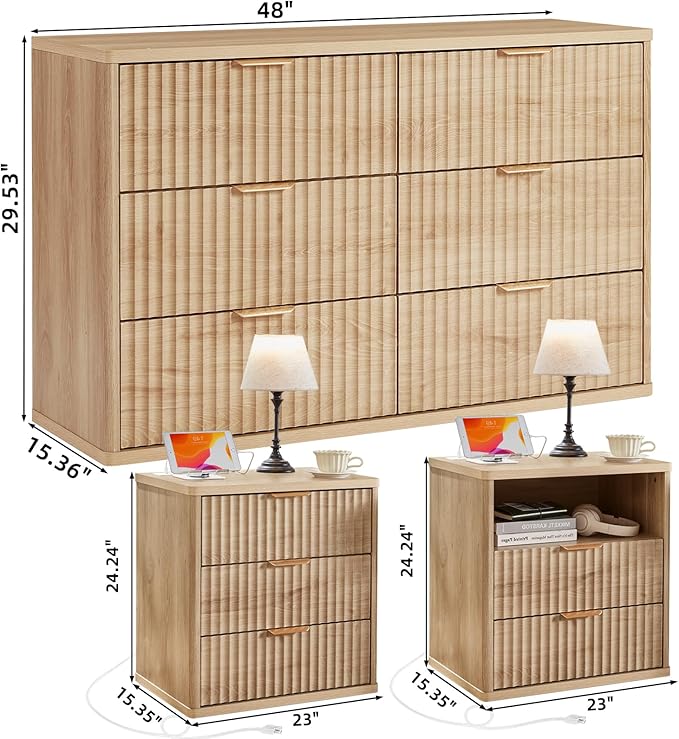 LEYAOYAO 48" Wide Fluted Dresser and 23" Nightstand Set of 2, Wooden Dresser & - Image 3