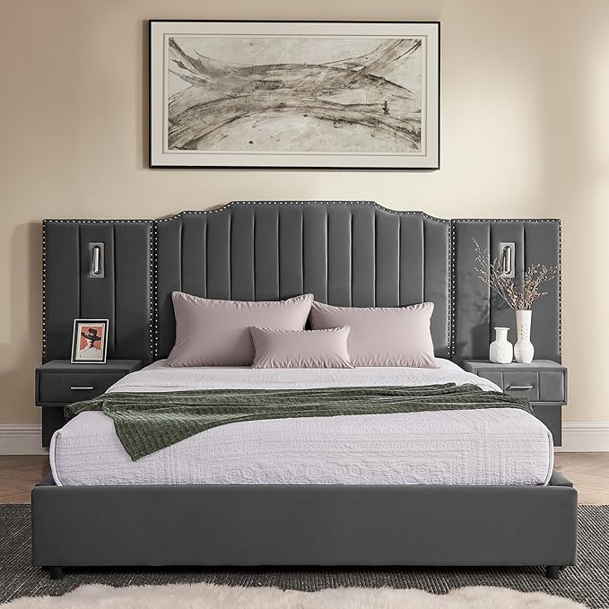 Luxury Queen Bed Frame with Headboard and Storage, Velvet Fabric Upholstered - Image 3