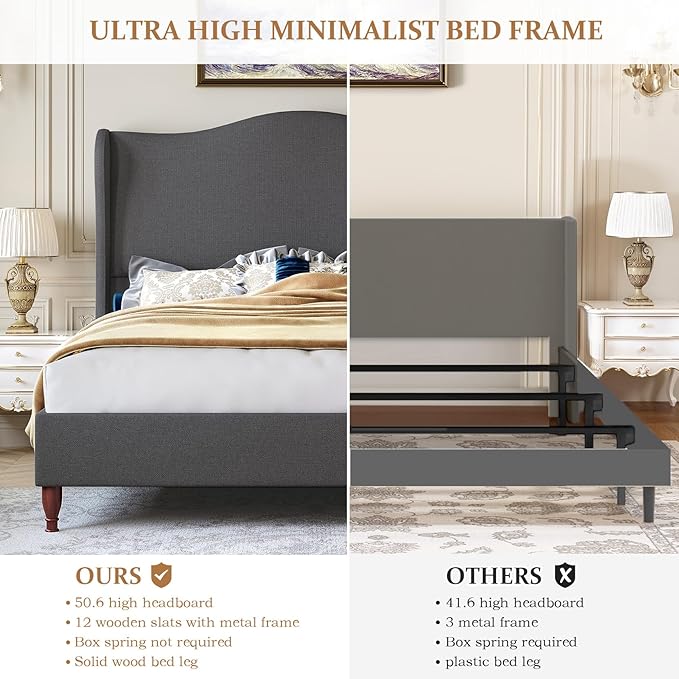 koorlian Queen Upholstered Bed, Soft Chenille Sleigh Platform Bed Frame - Image 5