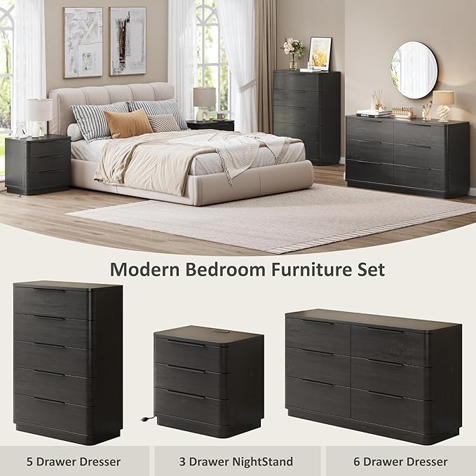 6 Drawer Dresser for Bedroom, Curved Profile Design, Wooden Black Dresser - Image 5