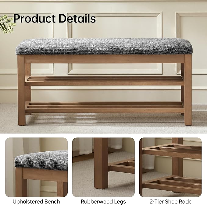 VKNOW 44.3” Wooden Entryway Bench, 2-Tier Upholstered Shoe Bench - Image 4