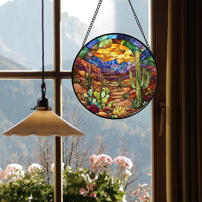 CRISGIF Stained Glass Window Hanging Cactus Mountains Landscape Large 11.8" - Image 3