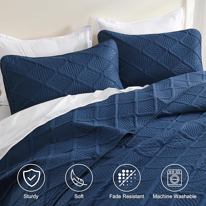 Yiran Quilt Queen Size Bedding Set Navy Blue Bedspreads Embossed Diamond - Image 4